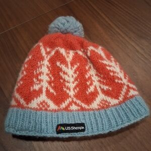 Women's Two-Tone Pom Beanie in Coral & Light Blue
